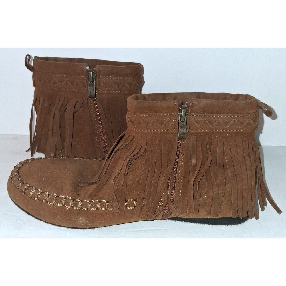 Jessica Cline Sierra Suede Fringed Moccasin Booties  Brown Western Cowgirl 7.5
